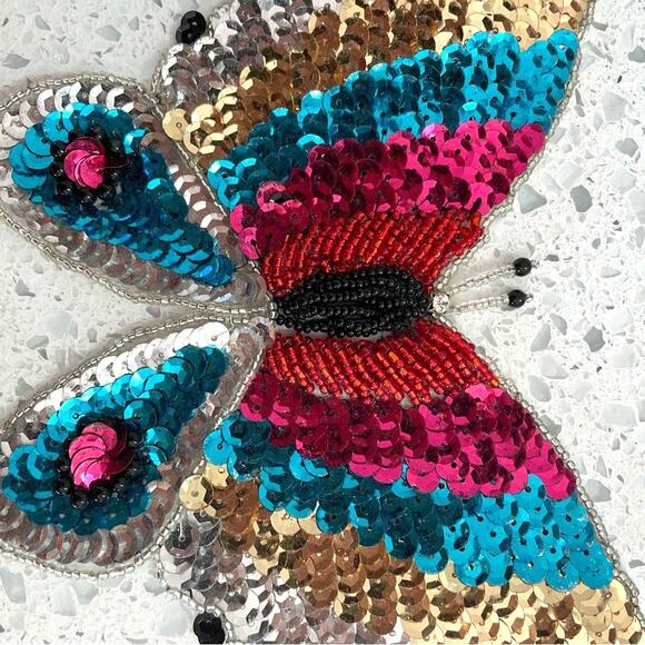 Vintage Butterfly Sequin Patch Large Light Blue Turquoise & Dark Blue - Picture 6 of 7